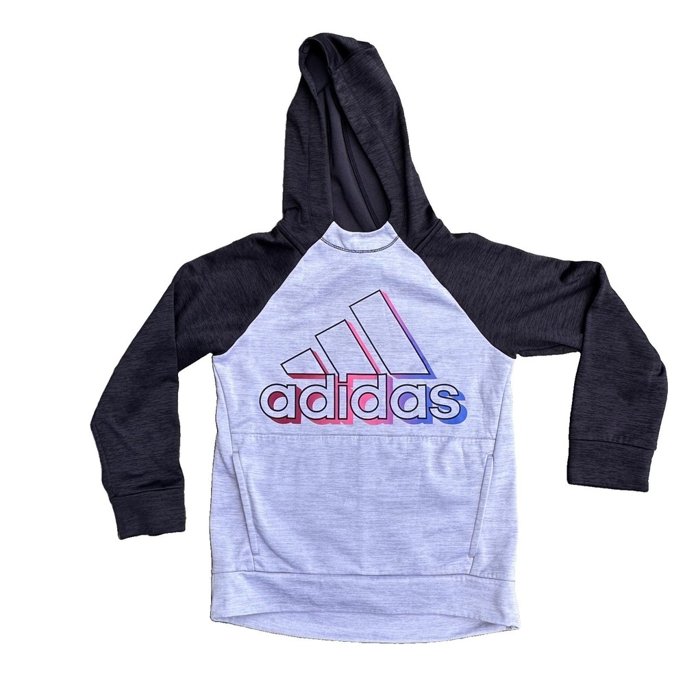 Adidas Girls Grey Black Raglan Pullover Hoodie Gradient Logo Size Large 14